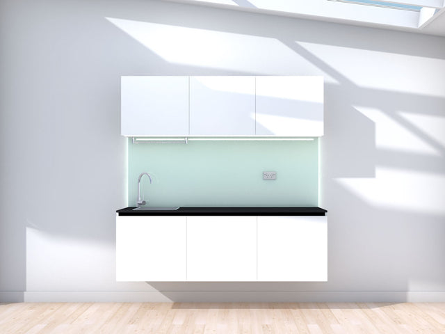 Apollo - 1.8m Floating Prefabricated Kitchenette - white and mint - no appliances