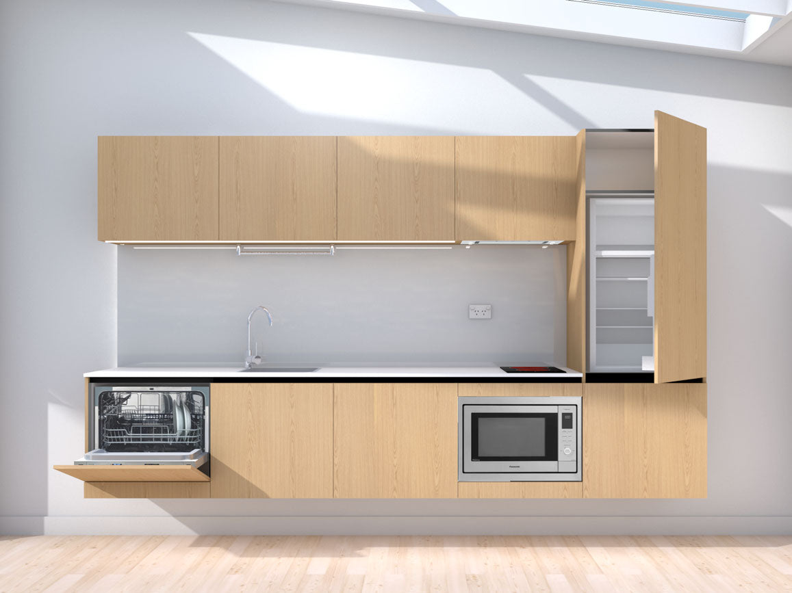 Elevate - 3.0m Floating Prefabricated Kitchenette - oak and grey - no appliances