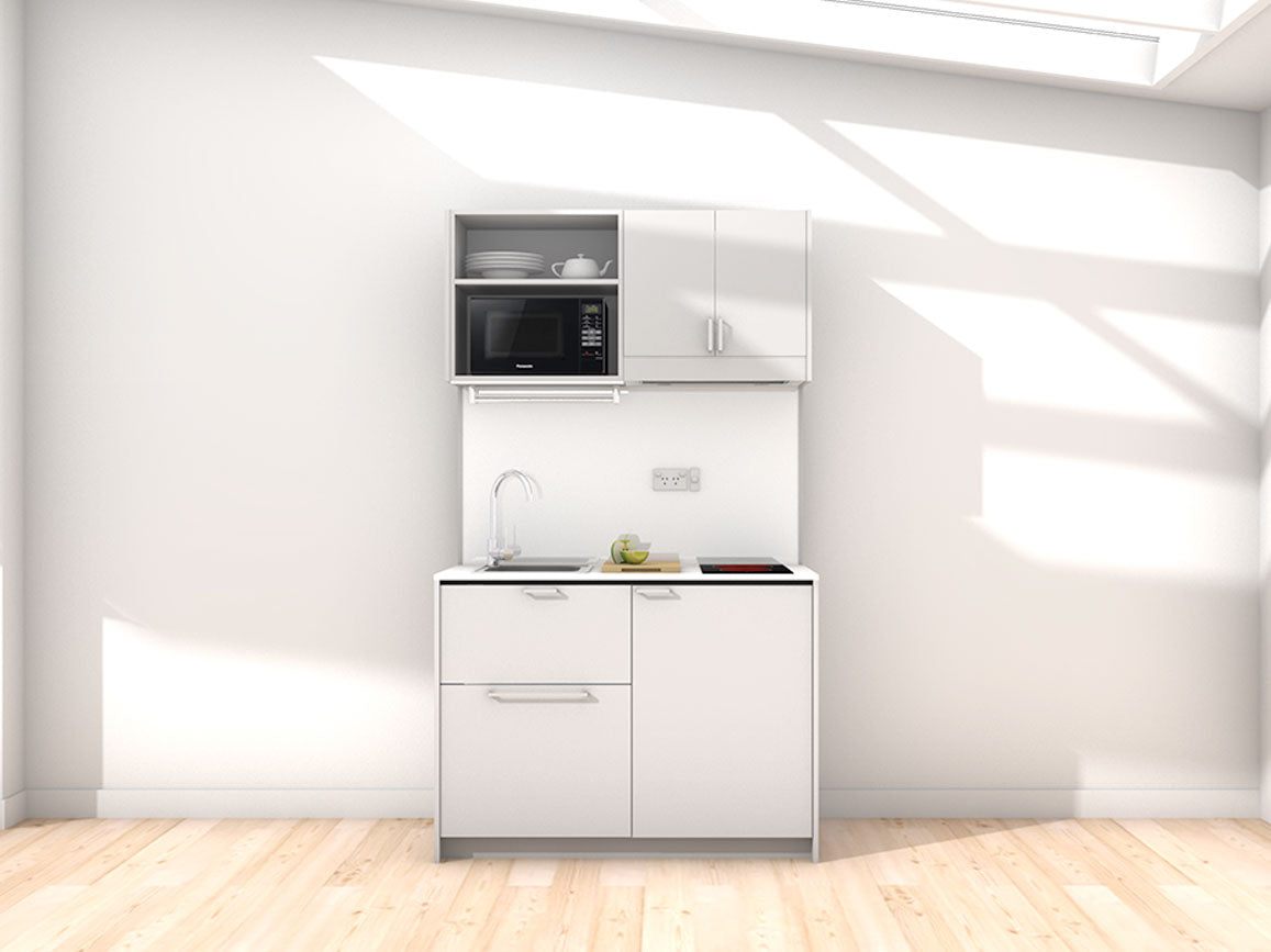 Georgia - 1.2m Compact Wall Unit Kitchenette. Displayed with 'Frost Grey' Cabinetry, 'Style White' Benchtop, and 'Sheer Bliss White' Splashback