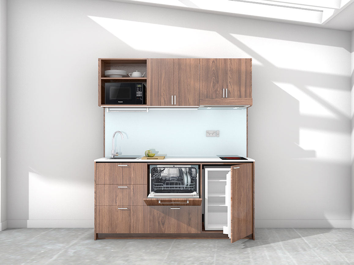 New York - 1.8m Regular Wall Unit Kitchenette. Displayed with 'Hickory Walnut' Cabinetry, 'Style White' Benchtop, and 'Sheer Bliss White' Splashback