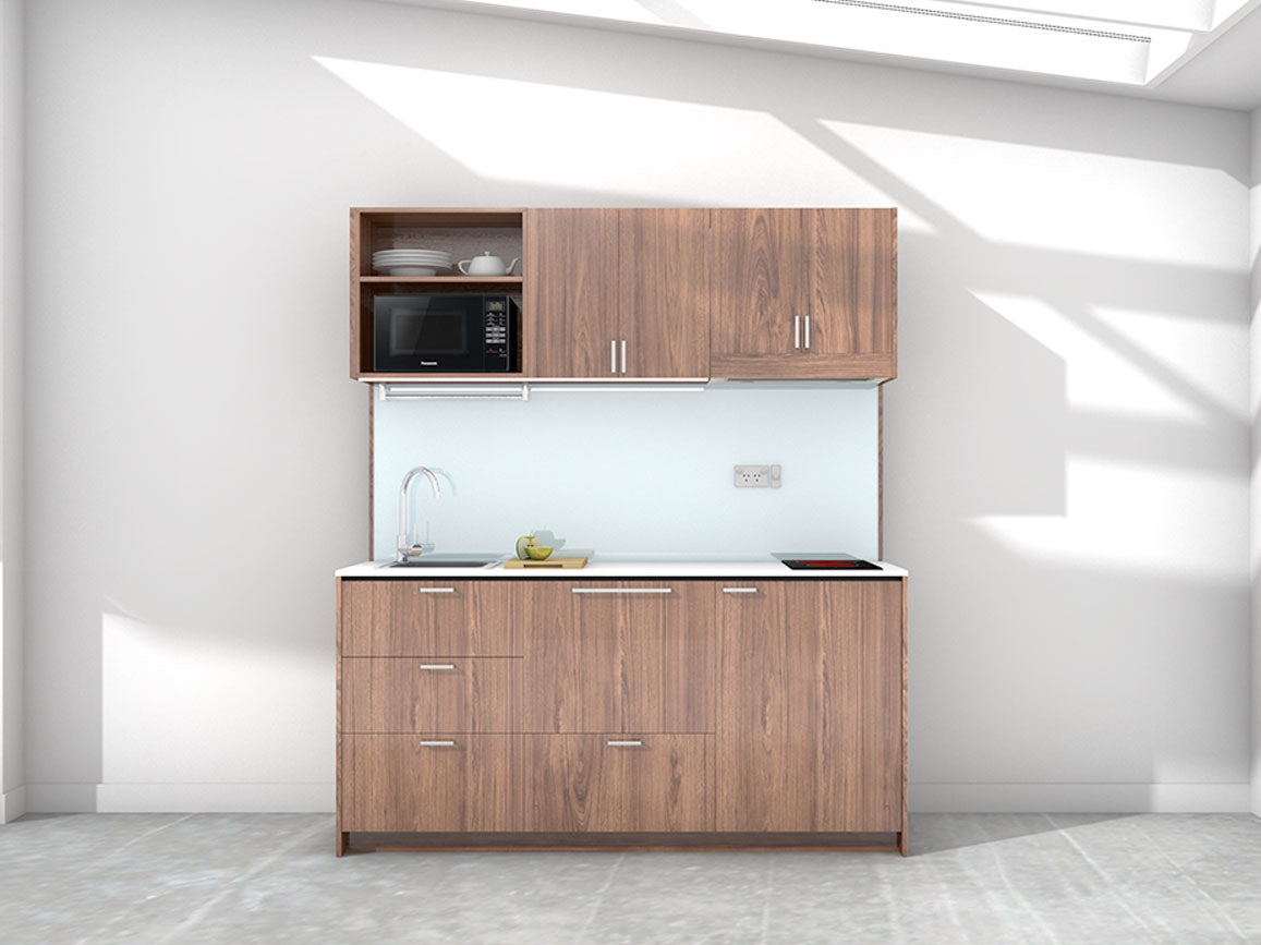 New York - 1.8m Regular Wall Unit Kitchenette. Displayed with 'Hickory Walnut' Cabinetry, 'Style White' Benchtop, and 'Sheer Bliss White' Splashback