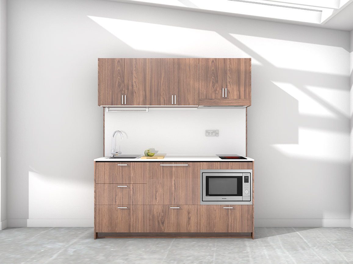 London - 1.8m Regular Wall Unit Kitchenette. Displayed with 'Hickory Walnut' Cabinetry, 'Style White' Benchtop, and 'Sheer Bliss White' Splashback