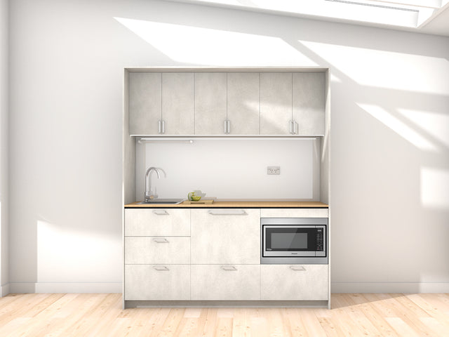 Venice - 1.8m Regular Wall Unit Kitchenette. Displayed with 'Honed Silica' Cabinetry, 'Premium Oak' Benchtop, and 'Sheer Bliss White' Splashback