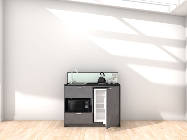 Eve - 1.2m Compact Counter Unit Kitchenette. Displayed with 'Slate' Cabinetry, 'Black' Benchtop, and 'Mint' Splashback