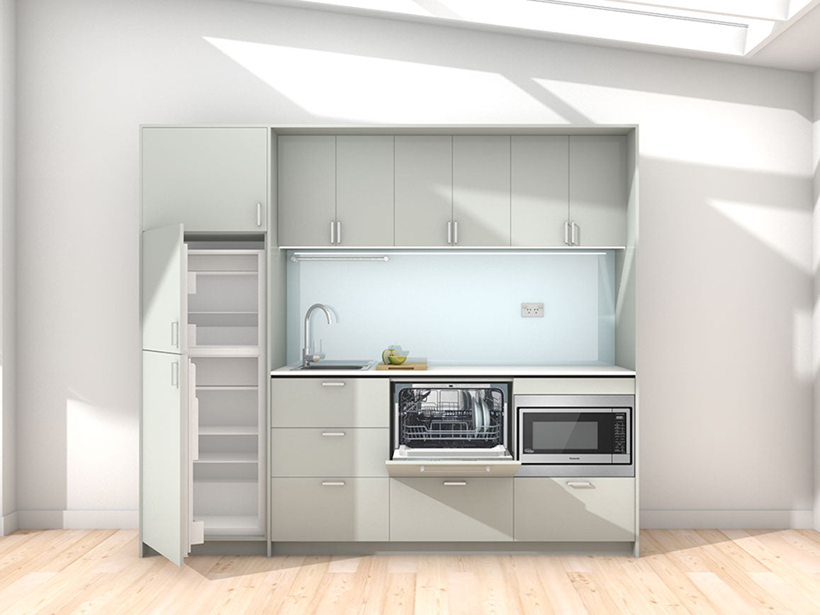 Ariki - 2.45m Extended Wall Unit Kitchenette. Displayed with 'Triple Duck Egg' Cabinetry, 'Style White' Benchtop, and 'Cascade' Splashback
