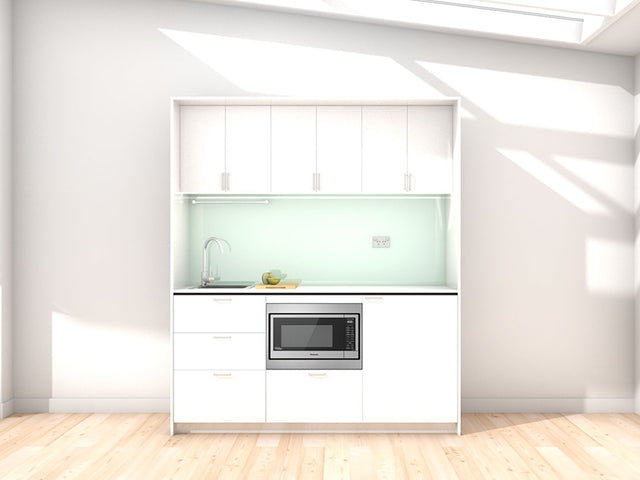 Oslo - 1.8m Regular Wall Unit Kitchenette. Displayed with 'White' Cabinetry, 'Style White' Benchtop, and 'Mint' Splashback