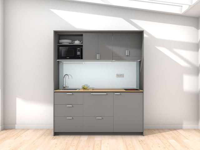 Stockholm - 1.8m Regular Wall Unit Kitchenette. Displayed with 'Anthricate' Cabinetry, 'Premium Oak' Benchtop, and 'Cascade' Splashback