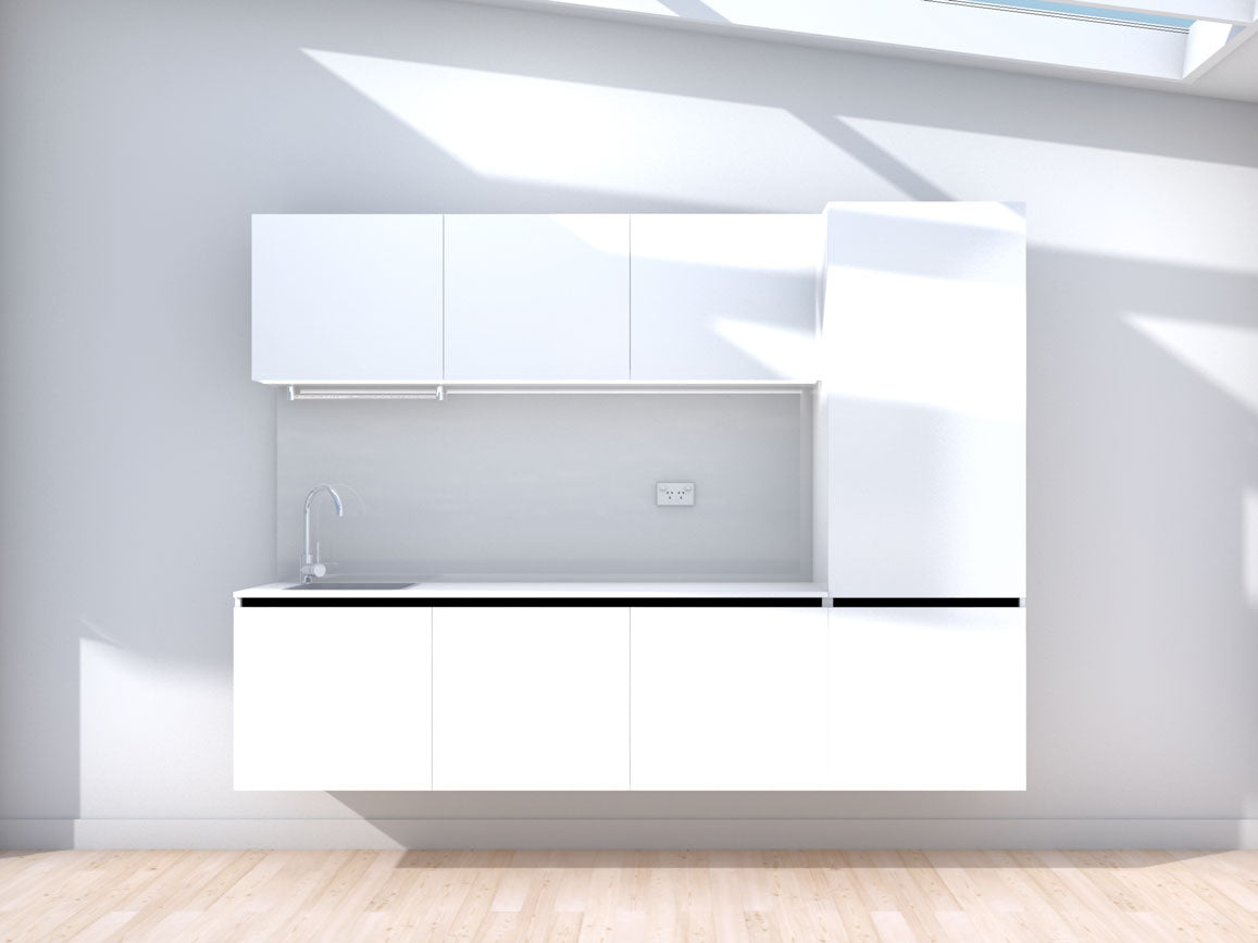 Symmetry - 2.4m Floating Prefabricated Kitchenette - white and grey - no appliances
