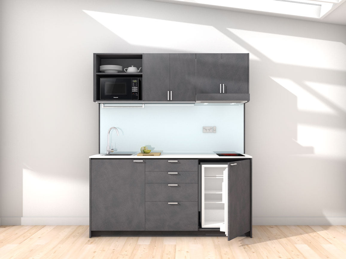 Amsterdam - 1.8m Regular Wall Unit Kitchenette. Displayed with 'Slate' Cabinetry, White Benchtop,  and Sheer Bliss White Splashback. 