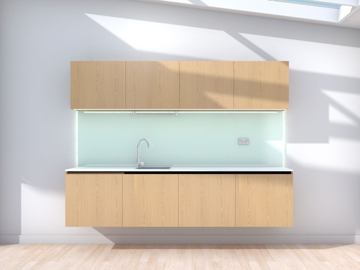 Ascent - 2.4m Floating Prefabricated Kitchenette - oak and mint - no appliances