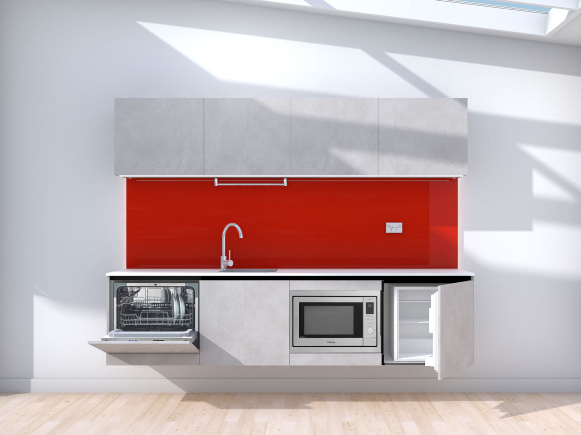 Ascent - 2.4m Floating Prefabricated Kitchenette - grey and red - with appliances