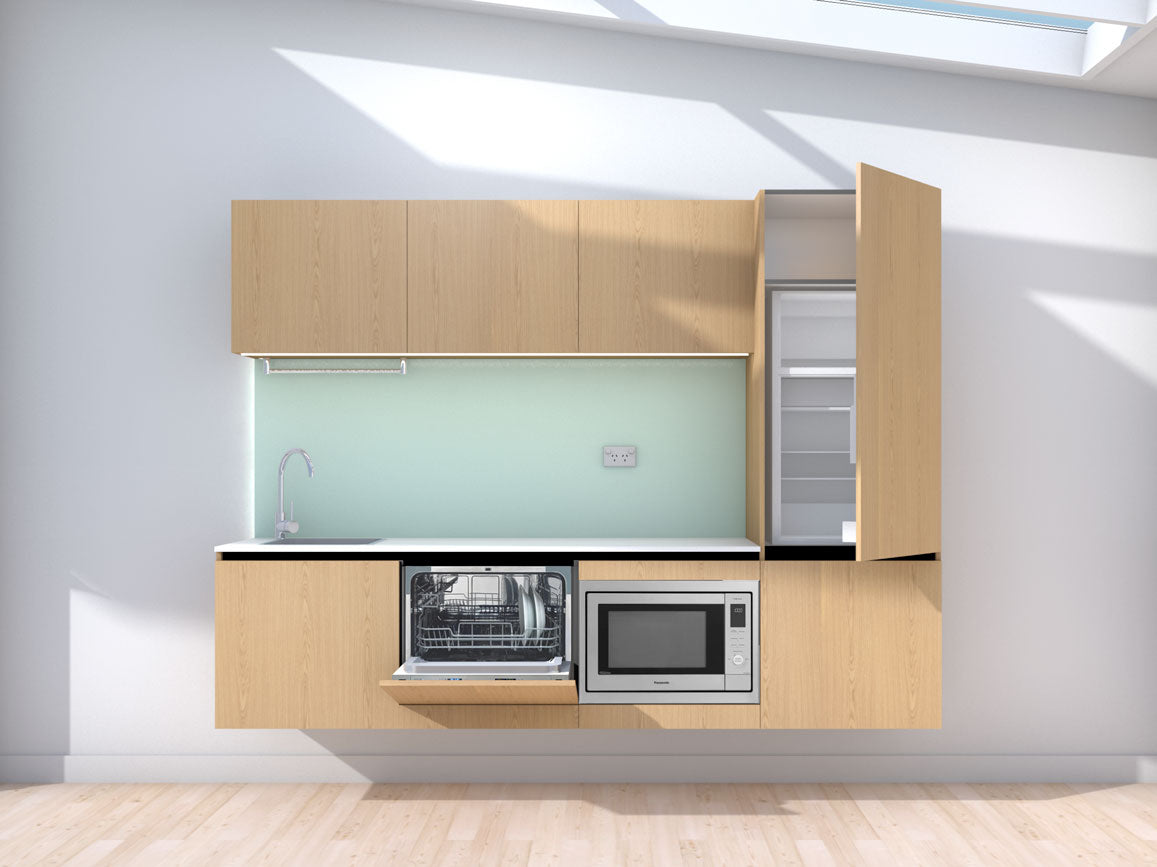 Levitate- 2.4m Floating Prefabricated Kitchenette - oak and mint - with appliances