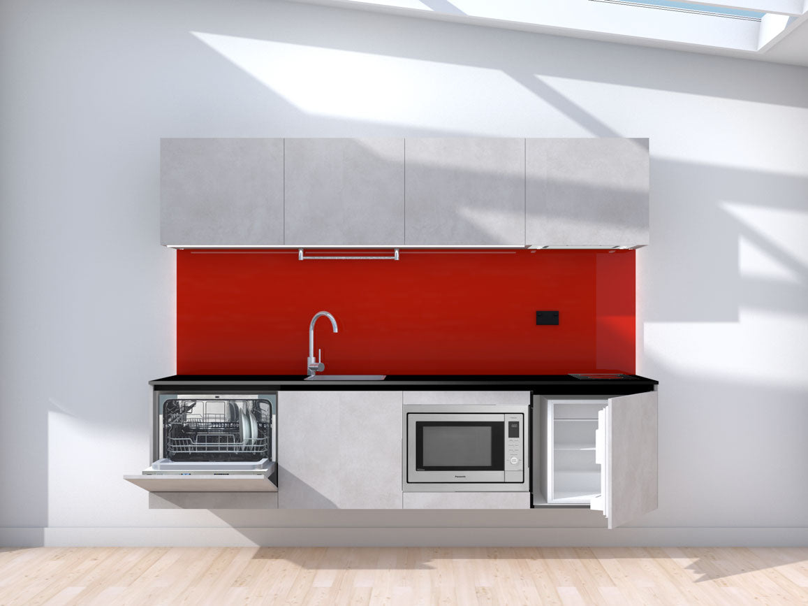 Liftoff - 2.4m Floating Prefabricated Kitchenette - grey and red - with  appliances