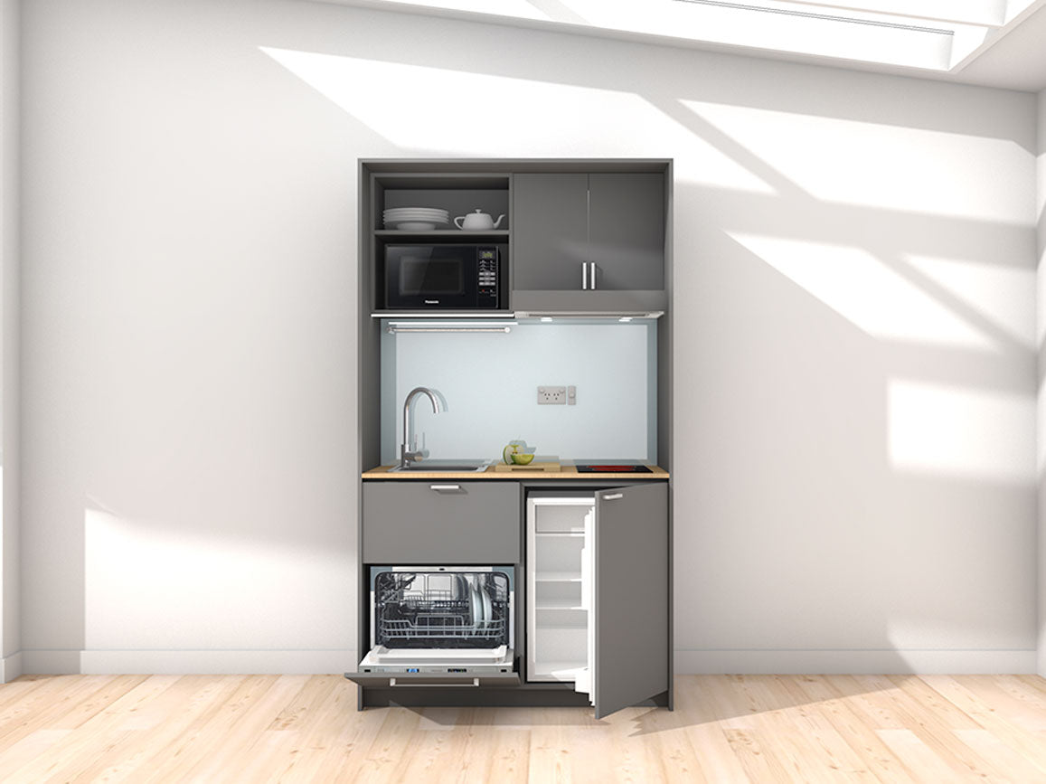 Mica - 1.2m Compact Wall Unit Kitchenette. Displayed with 'Anthracite' Cabinetry, 'Premium Oak' Benchtop, and 'Cascade' Splashback
