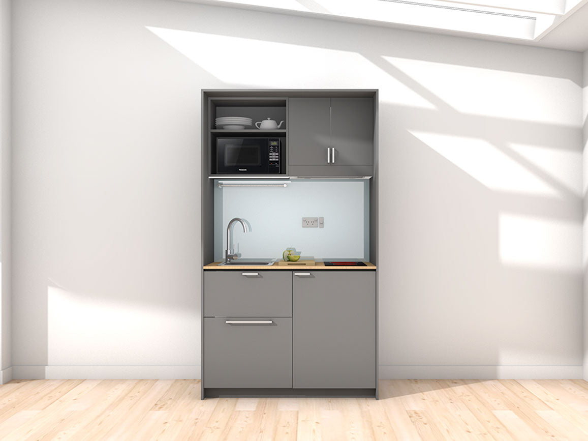 Mica - 1.2m Compact Wall Unit Kitchenette. Displayed with 'Anthracite' Cabinetry, 'Premium Oak' Benchtop, and 'Cascade' Splashback