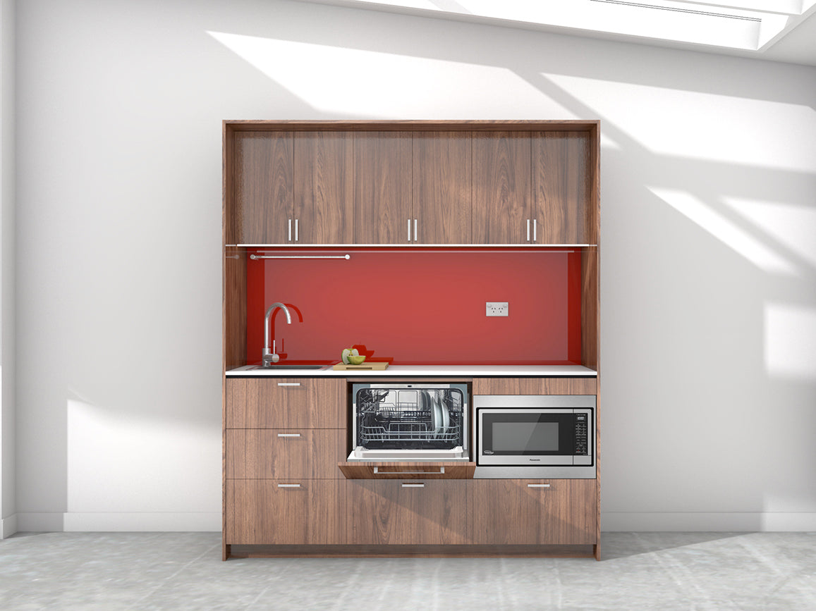Venice - 1.8m Regular Wall Unit Kitchenette. Displayed with 'Hickory Walnut' Cabinetry, 'Style White' Benchtop,  and 'Stiletto' Splashback