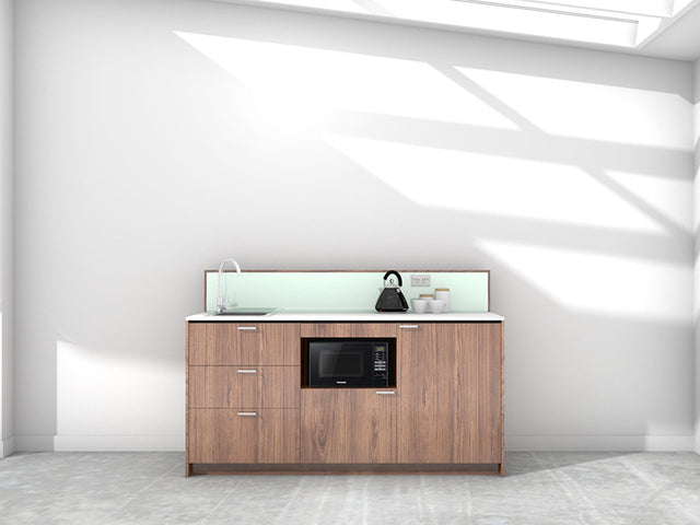Auckland - 1.8m Regular Counter Unit Kitchenette. Displayed with 'Hickory Walnut' Cabinetry, 'Style White' Benchtop, and 'Mint' Splashback