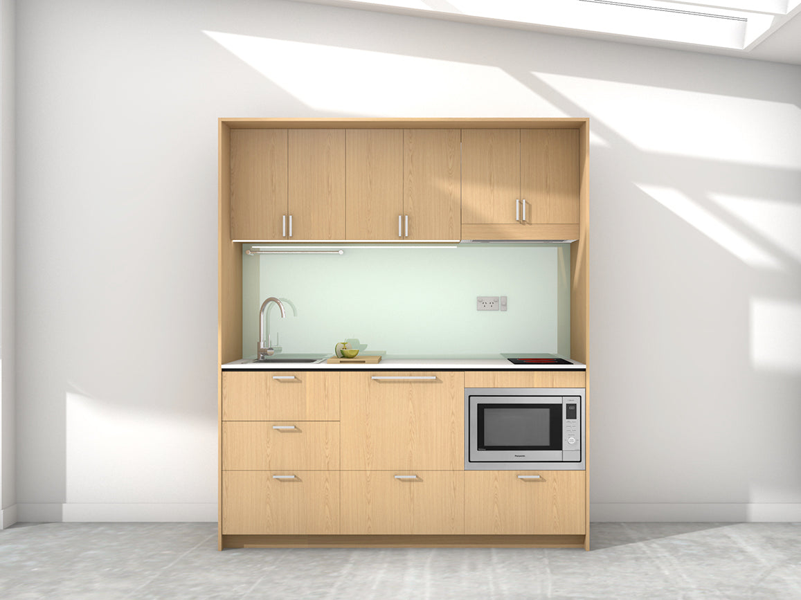 Ibiza - 1.8m Regular Wall Unit Kitchenette. Displayed with Oak Cabinetry, White Benchtop,  and Mint Splashback