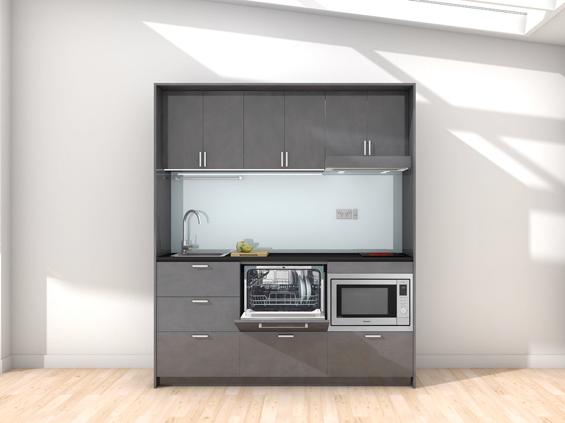 Ibiza - 1.8m Regular Wall Unit Kitchenette. Displayed with 'Slate' Cabinetry, Black Benchtop,  and 'Cascade' Splashback