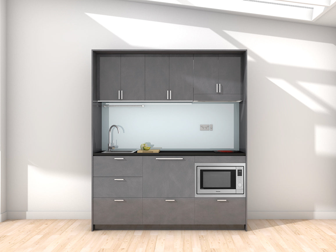 Ibiza - 1.8m Regular Wall Unit Kitchenette. Displayed with 'Slate' Cabinetry, Black Benchtop,  and 'Cascade' Splashback
