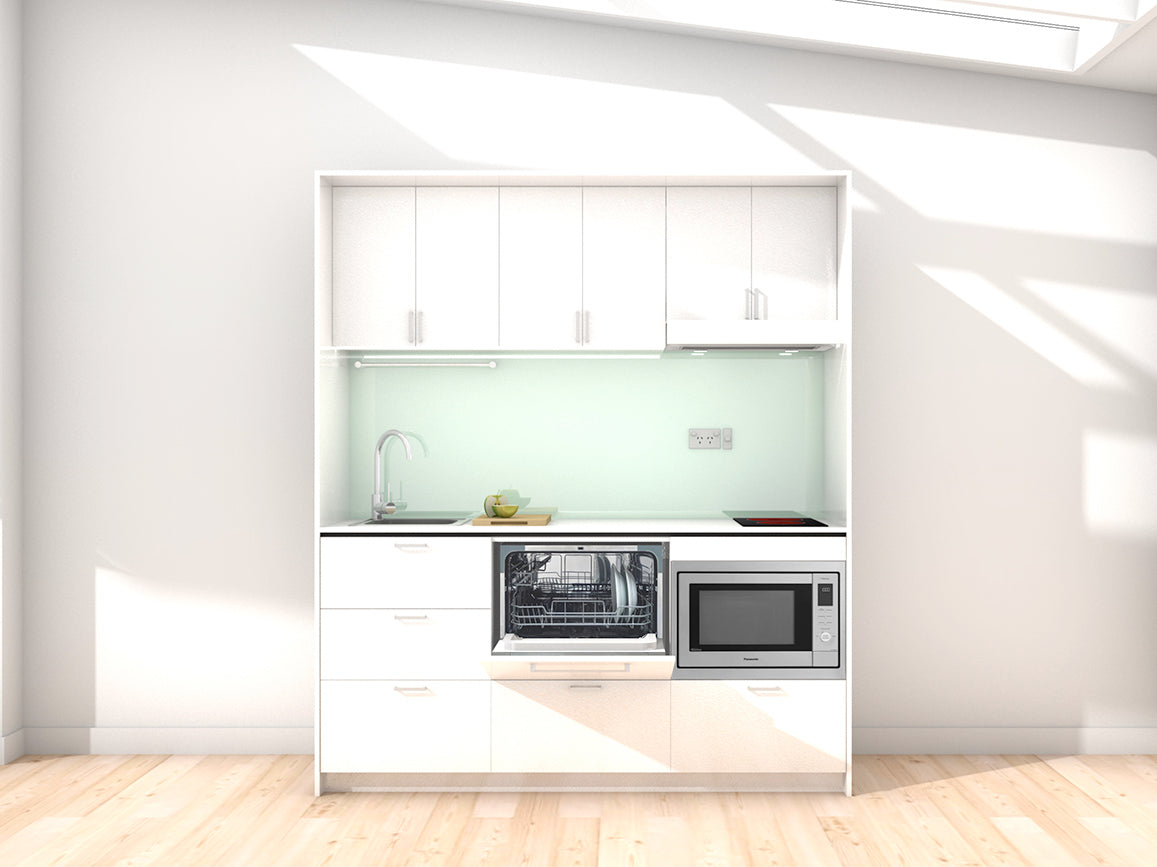 Ibiza - 1.8m Regular Wall Unit Kitchenette. Displayed with White Cabinetry, White Benchtop,  and Mint Splashback