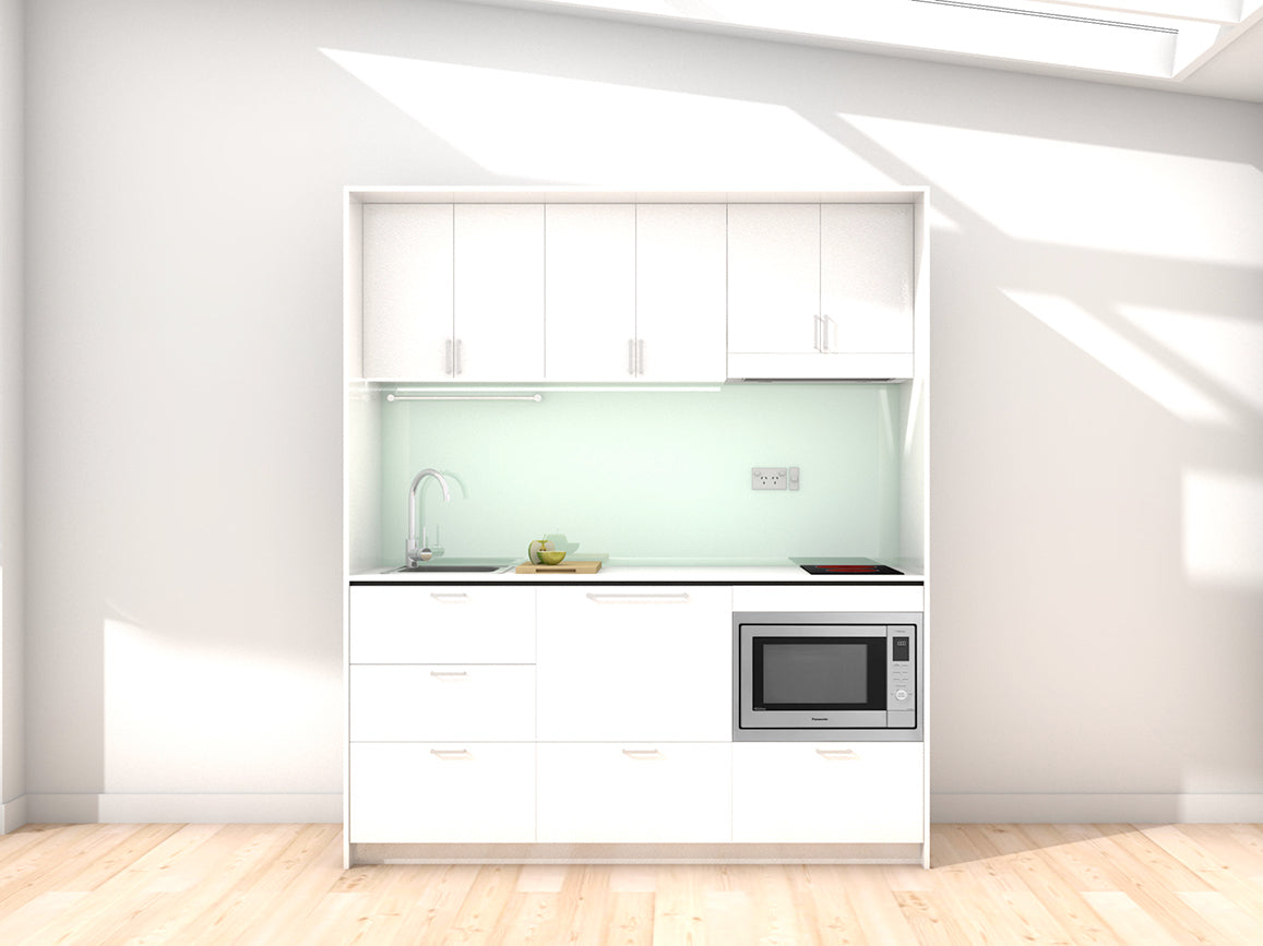 Ibiza - 1.8m Regular Wall Unit Kitchenette. Displayed with White Cabinetry, White Benchtop,  and Mint Splashback