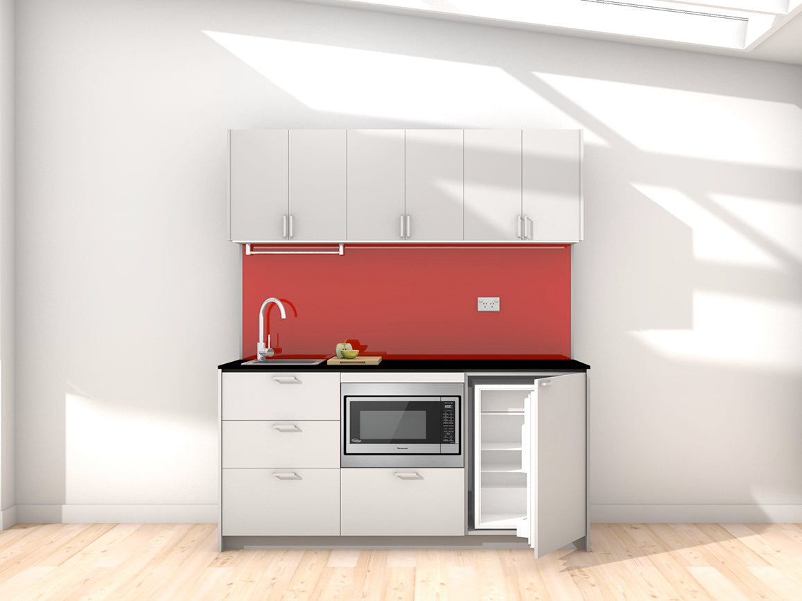 Sydney - 1.8m Regular Wall Unit Kitchenette. Displayed with 'Frost Grey' Cabinetry, 'Black' Benchtop,  and 'Stiletto' Splashback