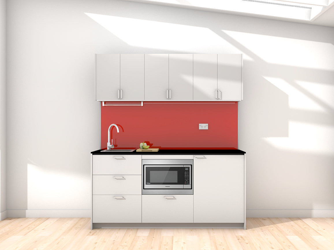 Sydney - 1.8m Regular Wall Unit Kitchenette. Displayed with 'Frost Grey' Cabinetry, 'Black' Benchtop,  and 'Stiletto' Splashback