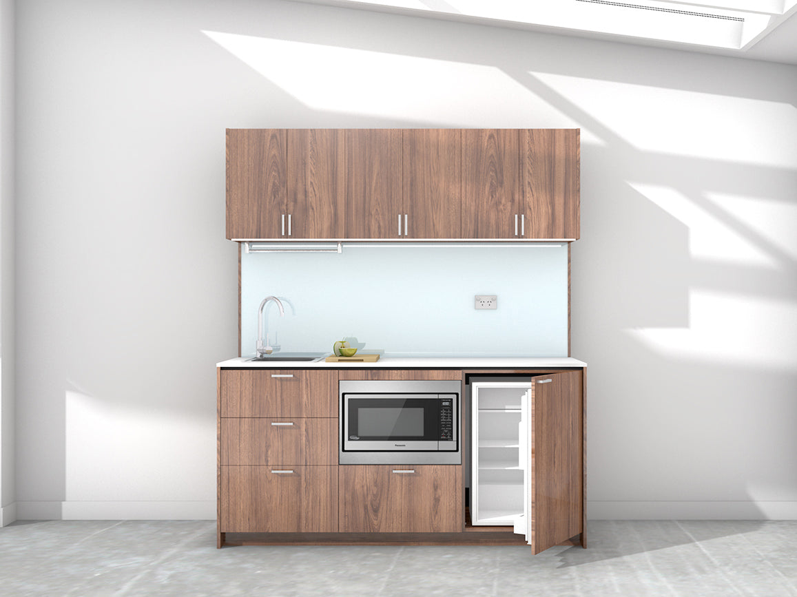 Sydney - 1.8m Regular Wall Unit Kitchenette. Displayed with 'Hickory Walnut' Cabinetry, White Benchtop,  and 'Sheer Bliss White' Splashback