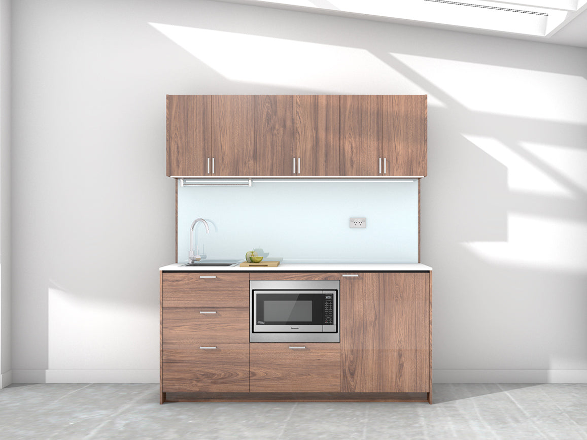 Sydney - 1.8m Regular Wall Unit Kitchenette. Displayed with 'Hickory Walnut' Cabinetry, White Benchtop,  and 'Sheer Bliss White' Splashback