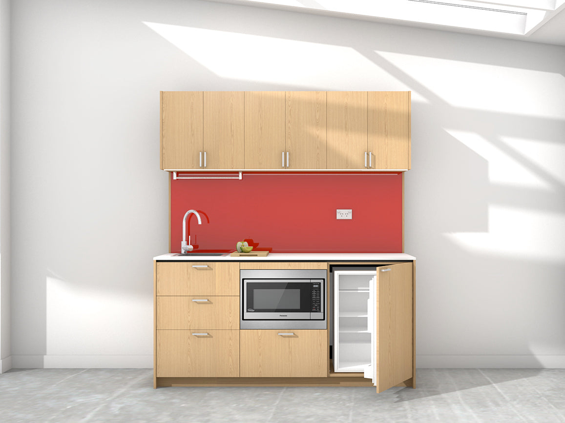 Sydney - 1.8m Regular Wall Unit Kitchenette. Displayed with 'Premium Oak' Cabinetry, 'Style White' Benchtop,  and 'Stiletto' Splashback