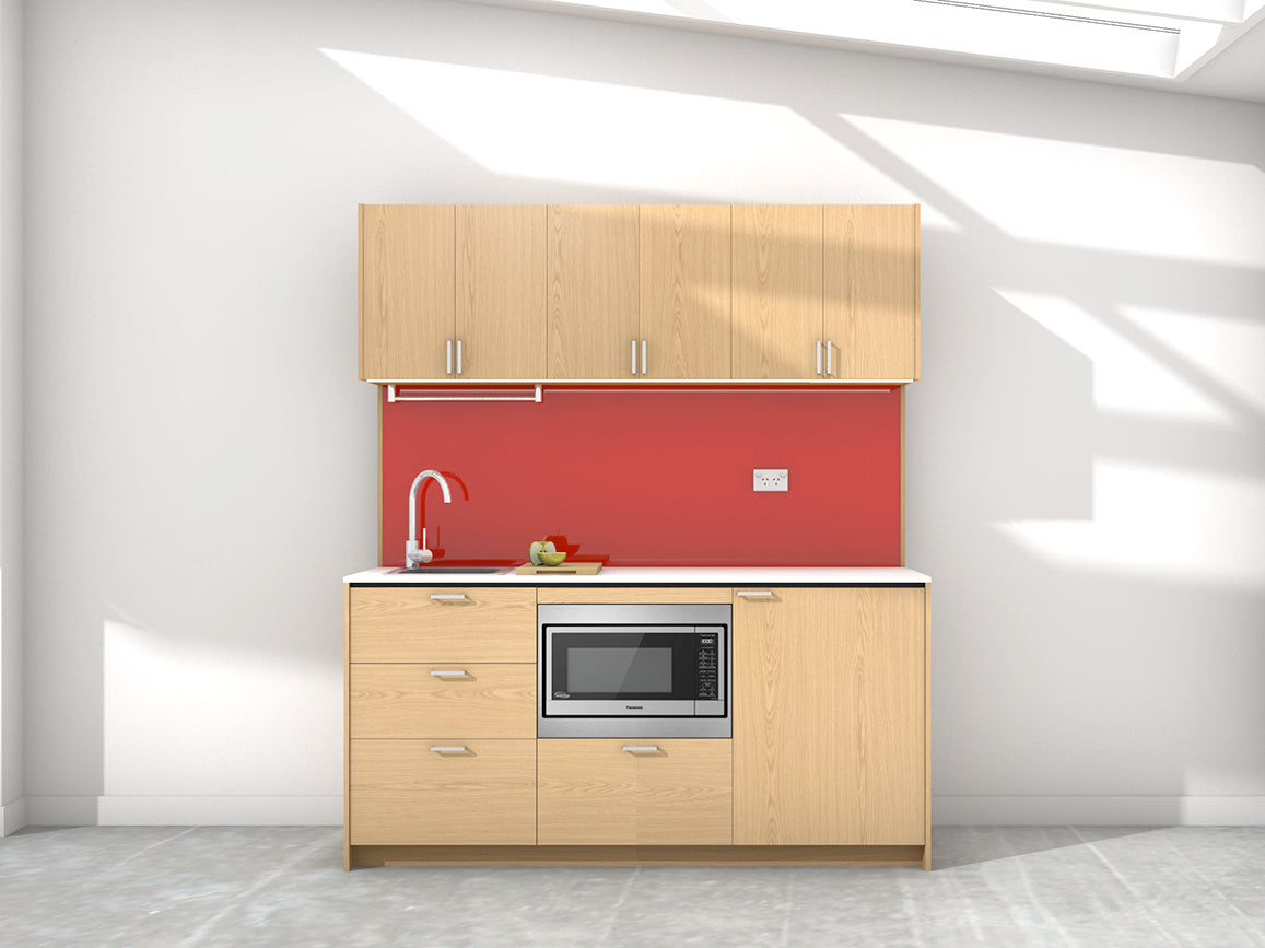 Sydney - 1.8m Regular Wall Unit Kitchenette. Displayed with 'Premium Oak' Cabinetry, 'Style White' Benchtop,  and 'Stiletto' Splashback