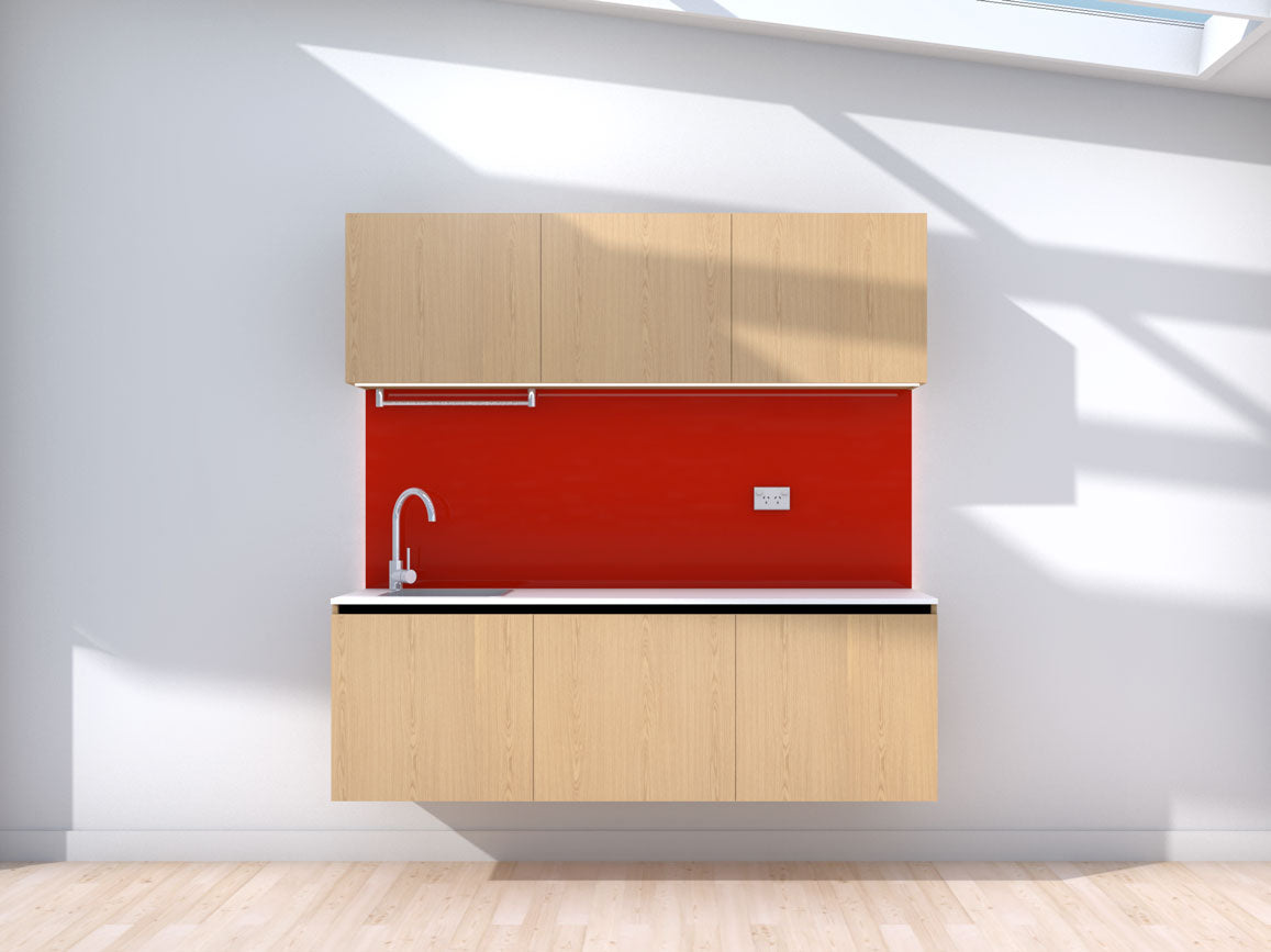 Neon - 1.8m Floating Prefabricated Kitchenette - oak and red - no appliances