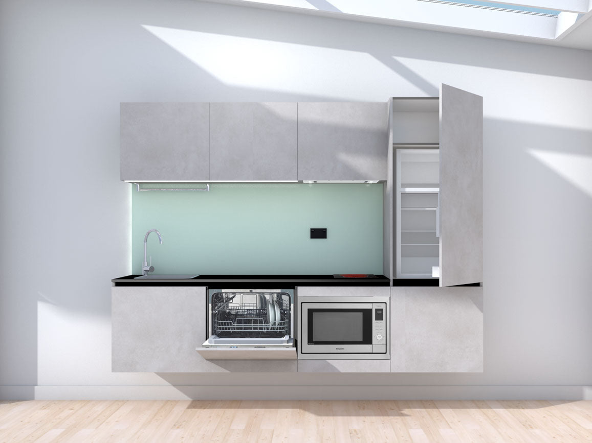 Symmetry - 2.4m Floating Prefabricated Kitchenette - grey and mint - with appliances