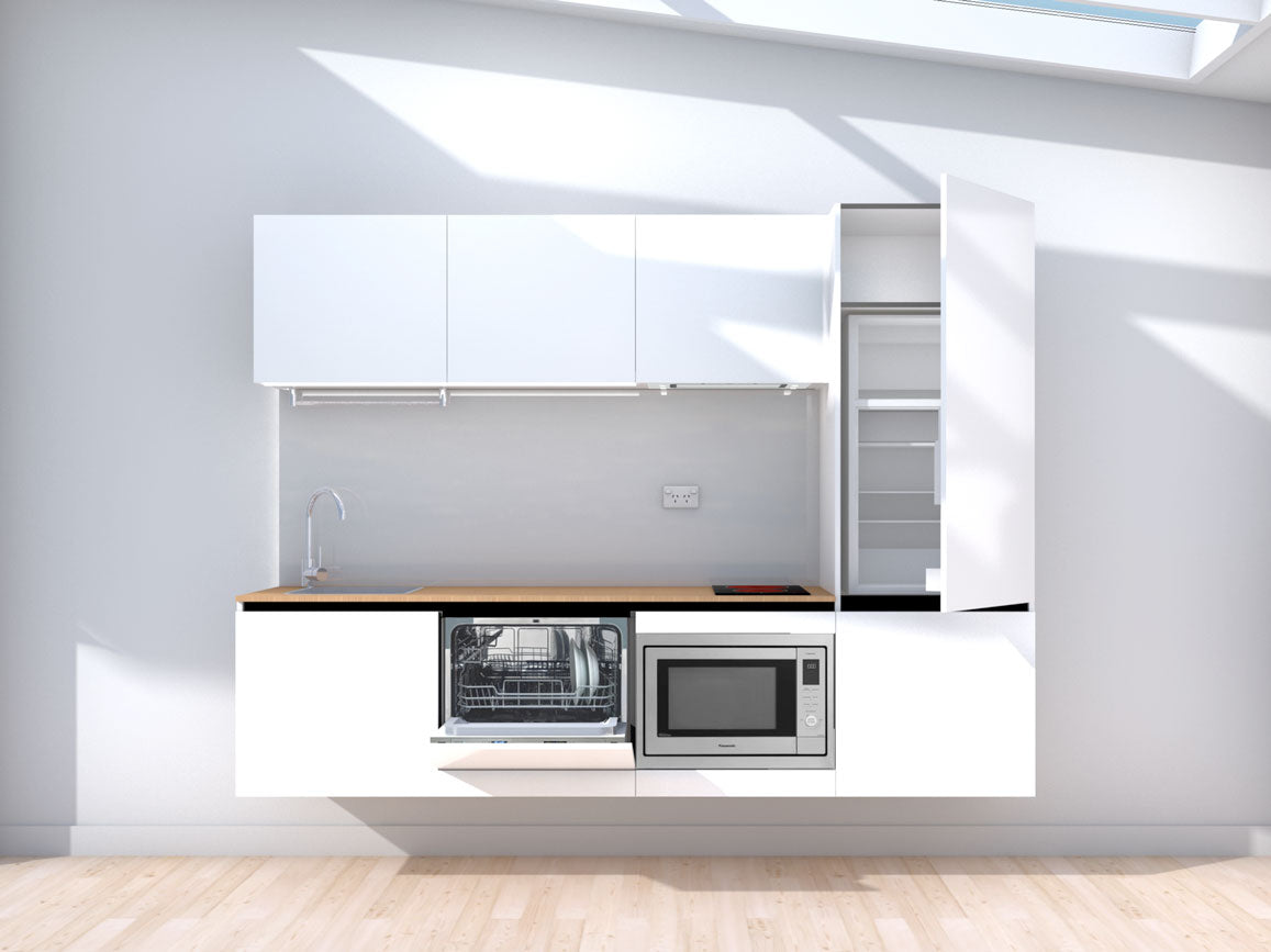 Symmetry - 2.4m Floating Prefabricated Kitchenette - white and grey - with appliances