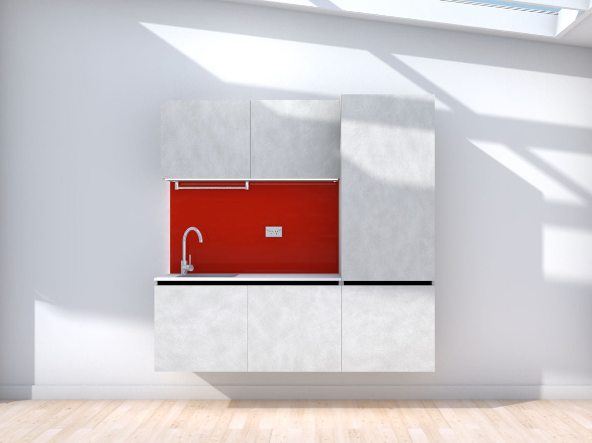 Unfloored - 1.8m Floating Prefabricated Kitchenette - grey and red - no appliances