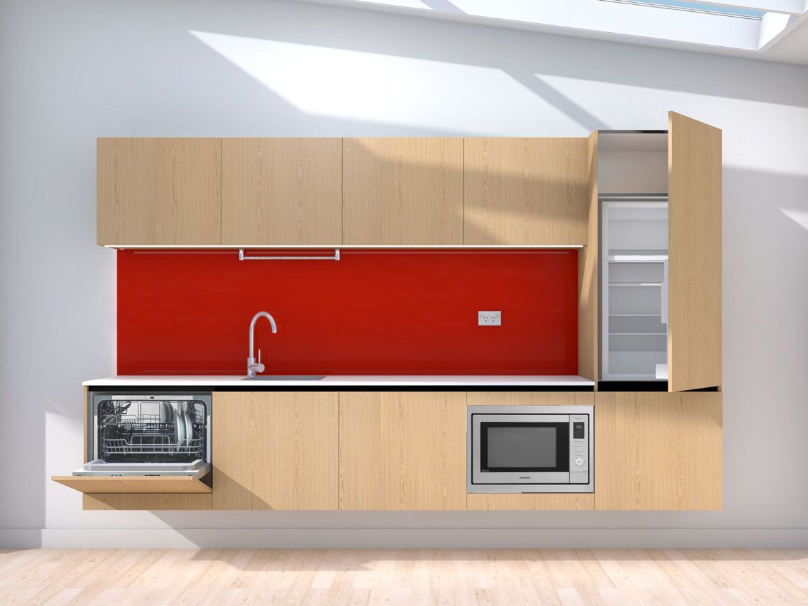 Upgrade - 3.0m Floating Prefabricated Kitchenette - oak and red - with appliances