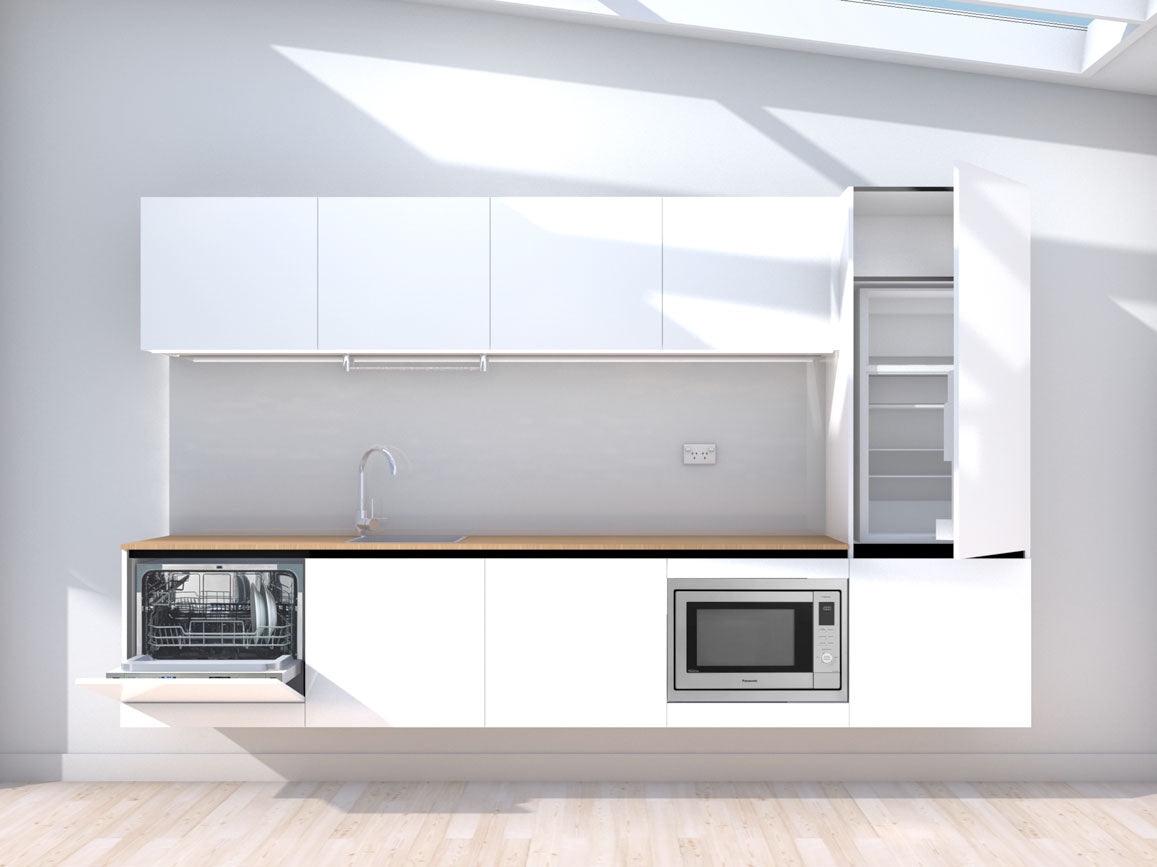 Upgrade - 3.0m Floating Prefabricated Kitchenette - white and grey - with appliances