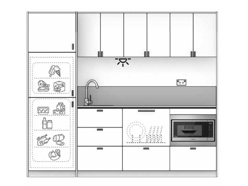 Ariki - 2.45m Extended Wall Unit Kitchenette. Diagram.