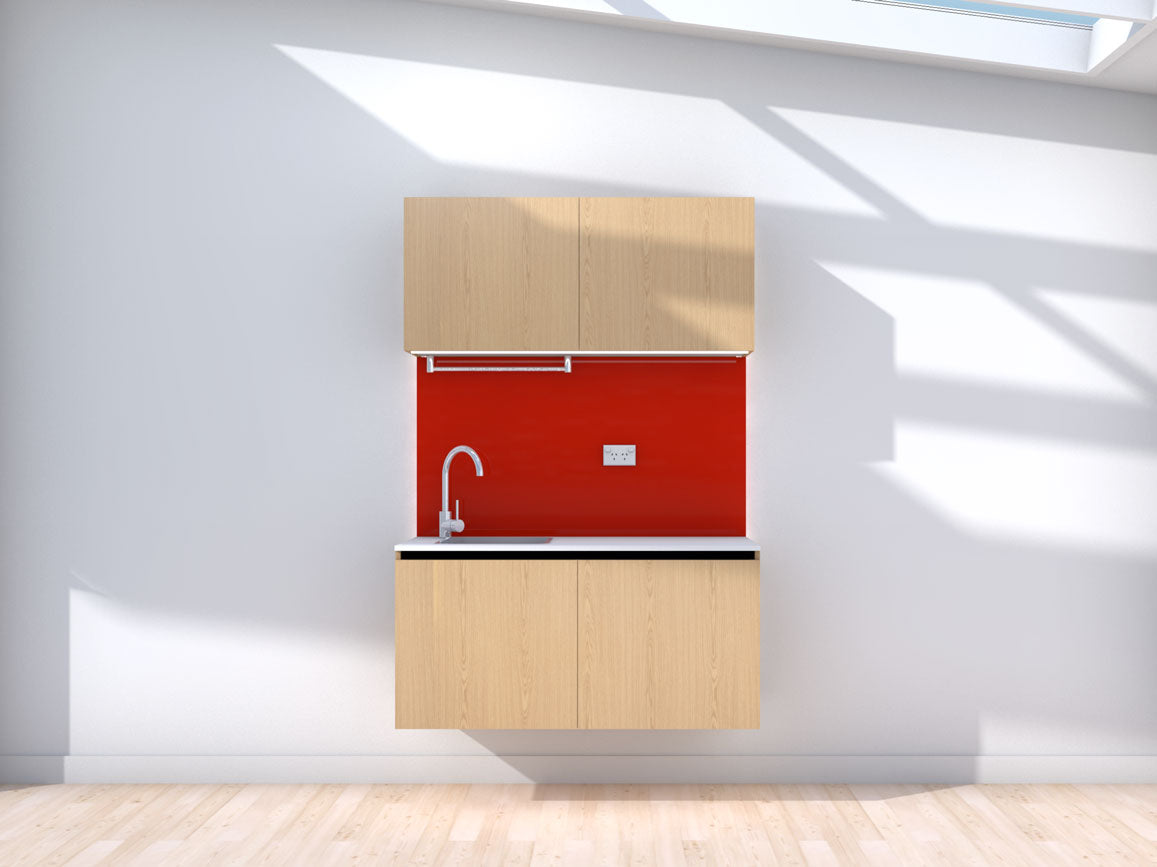 Weightless - Floating prefabricated kitchenette - oak and red - no appliances