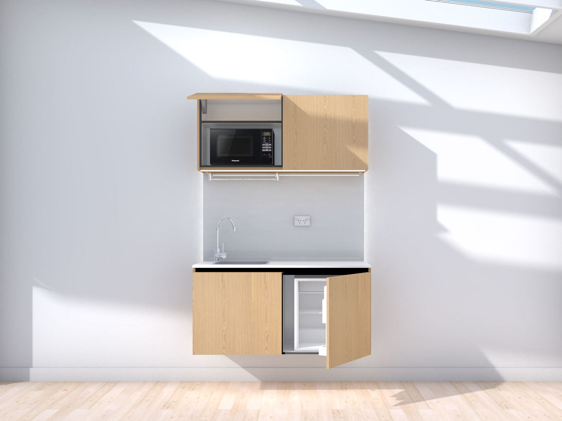 Zero-G - Floating prefabricated kitchenette - oak and grey - with appliances